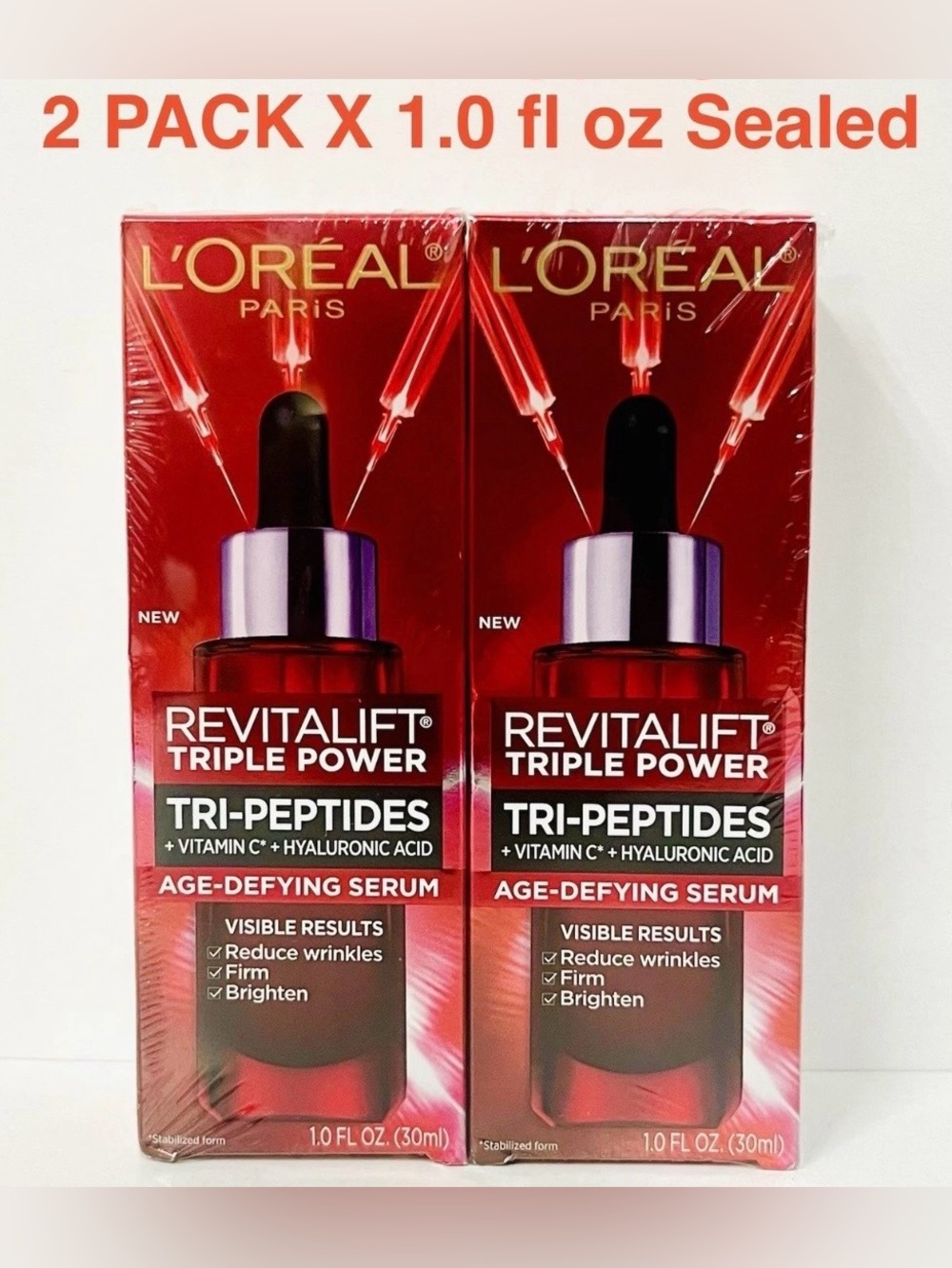 L'Oreal Paris Revitalift Triple Power Face Serum, Tri-Peptides, Hyaluronic 2PACK